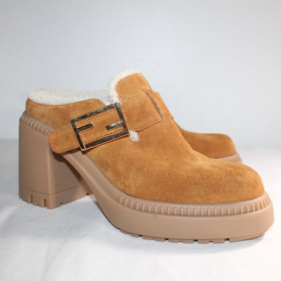 NWOB FENDI Shearling Feel Buckled Heels Slip Ons Mules Clogs Suede Leather 38 - Picture 1 of 8